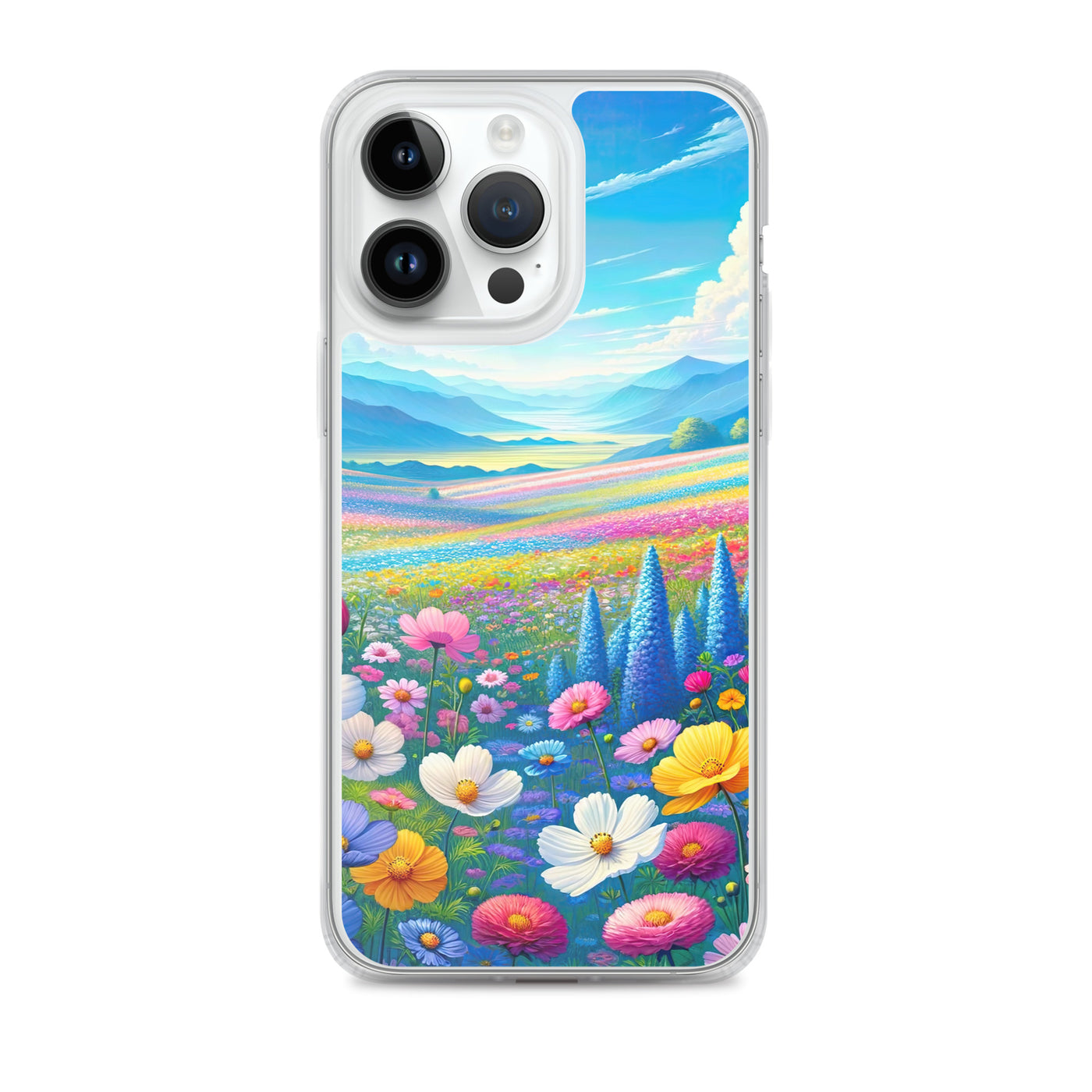 Weitläufiges Blumenfeld unter himmelblauem Himmel, leuchtende Flora - iPhone Schutzhülle (durchsichtig) camping xxx yyy zzz iPhone 14 Pro Max