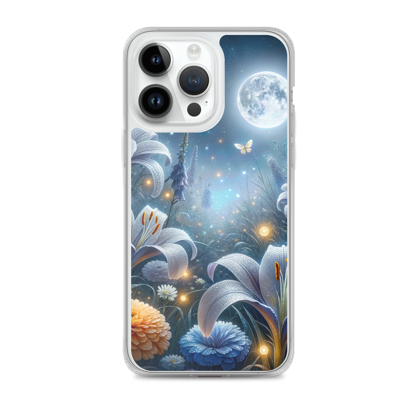 Ätherische Mondnacht auf blühender Wiese, silbriger Blumenglanz - iPhone Schutzhülle (durchsichtig) camping xxx yyy zzz iPhone 14 Pro Max