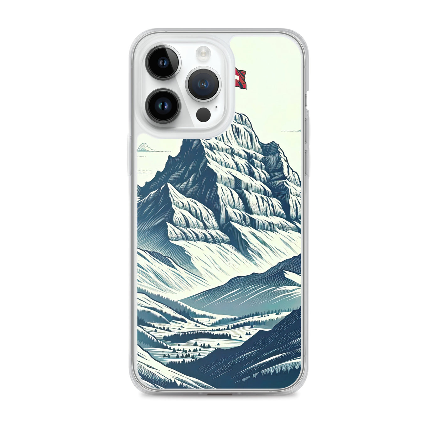 Ausgedehnte Bergkette mit dominierendem Gipfel und wehender Schweizer Flagge - iPhone Schutzhülle (durchsichtig) berge xxx yyy zzz iPhone 14 Pro Max