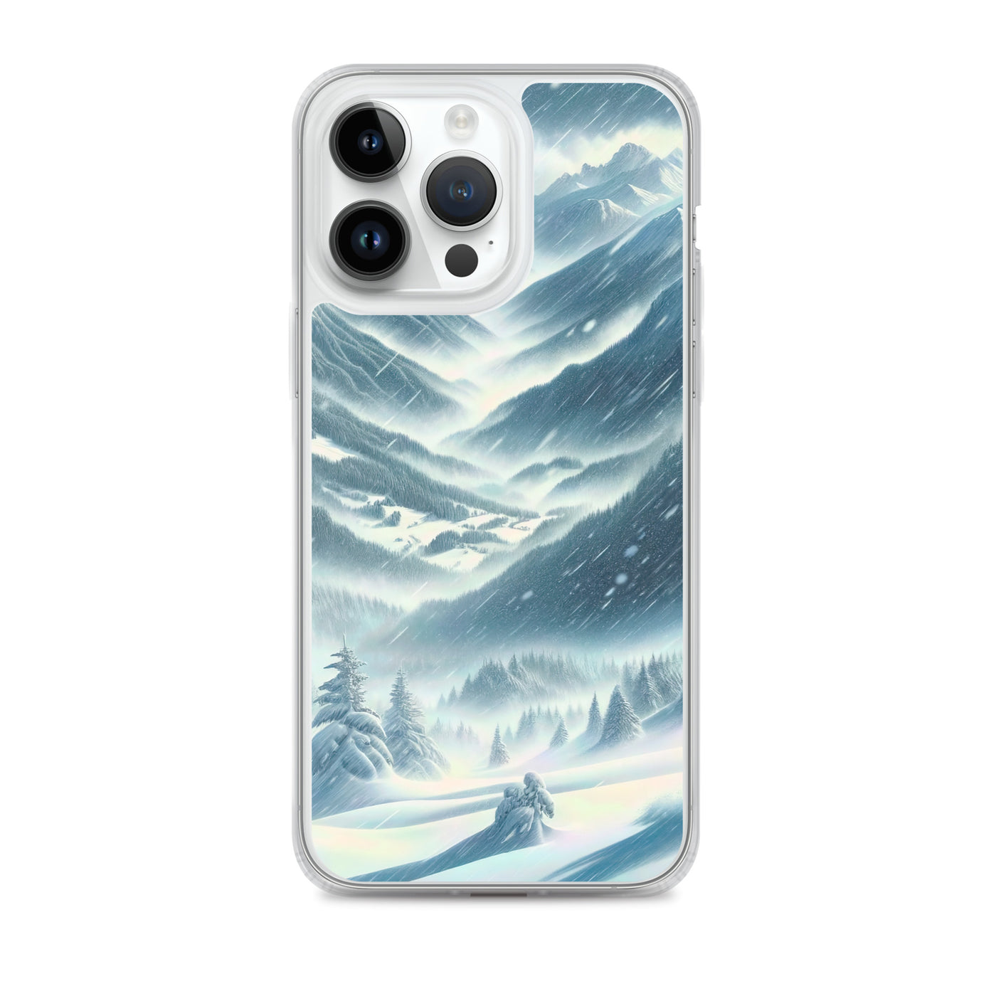 Alpine Wildnis im Wintersturm mit Skifahrer, verschneite Landschaft - iPhone Schutzhülle (durchsichtig) klettern ski xxx yyy zzz iPhone 14 Pro Max