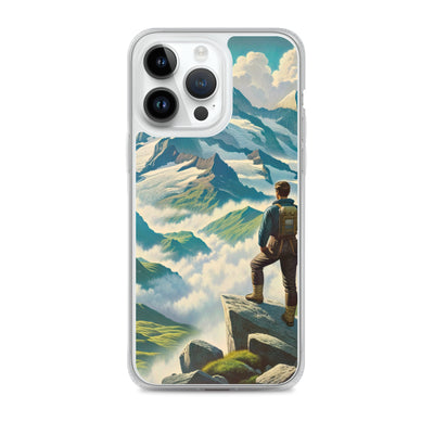 Panoramablick der Alpen mit Wanderer auf einem Hügel und schroffen Gipfeln - iPhone Schutzhülle (durchsichtig) wandern xxx yyy zzz iPhone 14 Pro Max