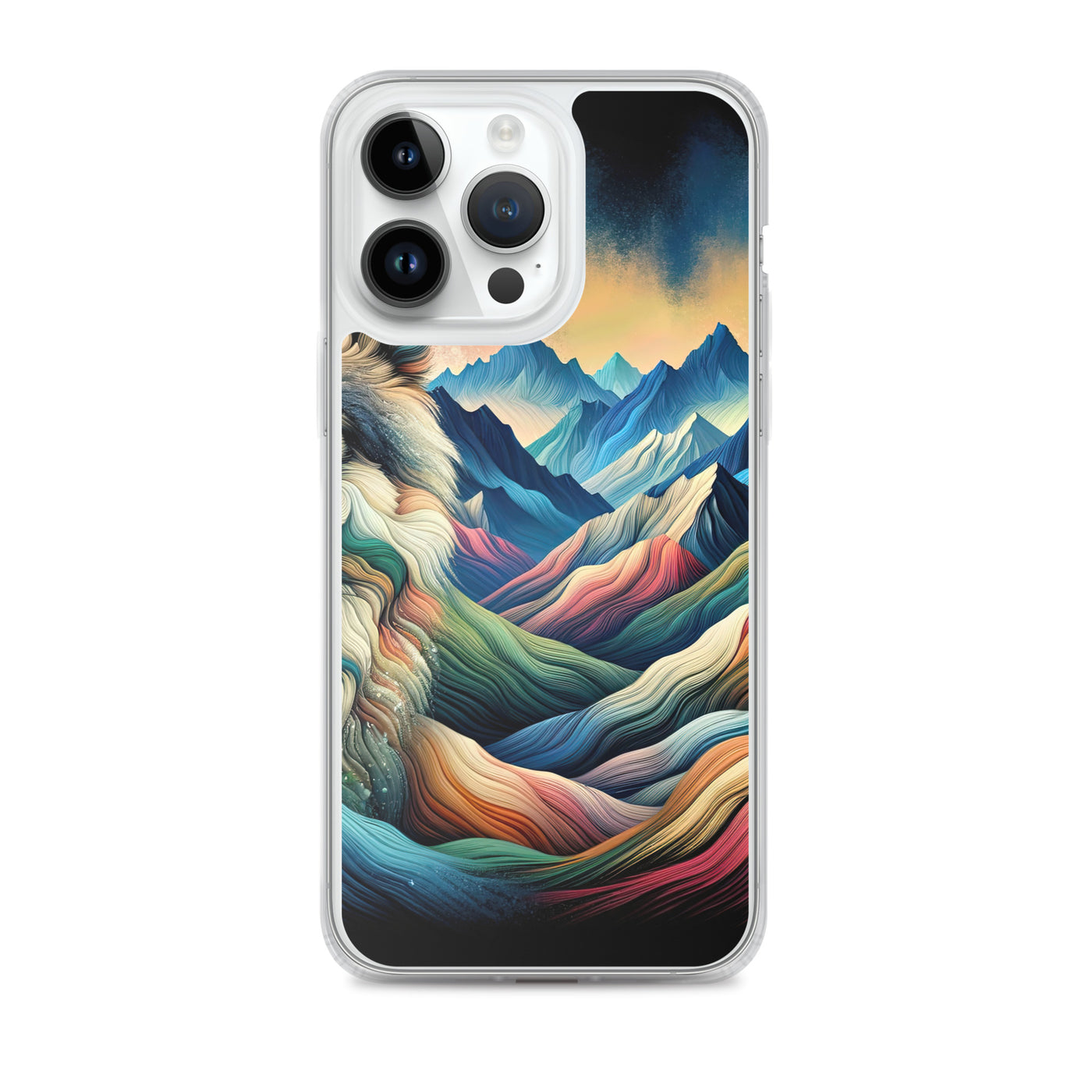 Traumhaftes Alpenpanorama mit Wolf in wechselnden Farben und Mustern (AN) - iPhone Schutzhülle (durchsichtig) xxx yyy zzz iPhone 14 Pro Max