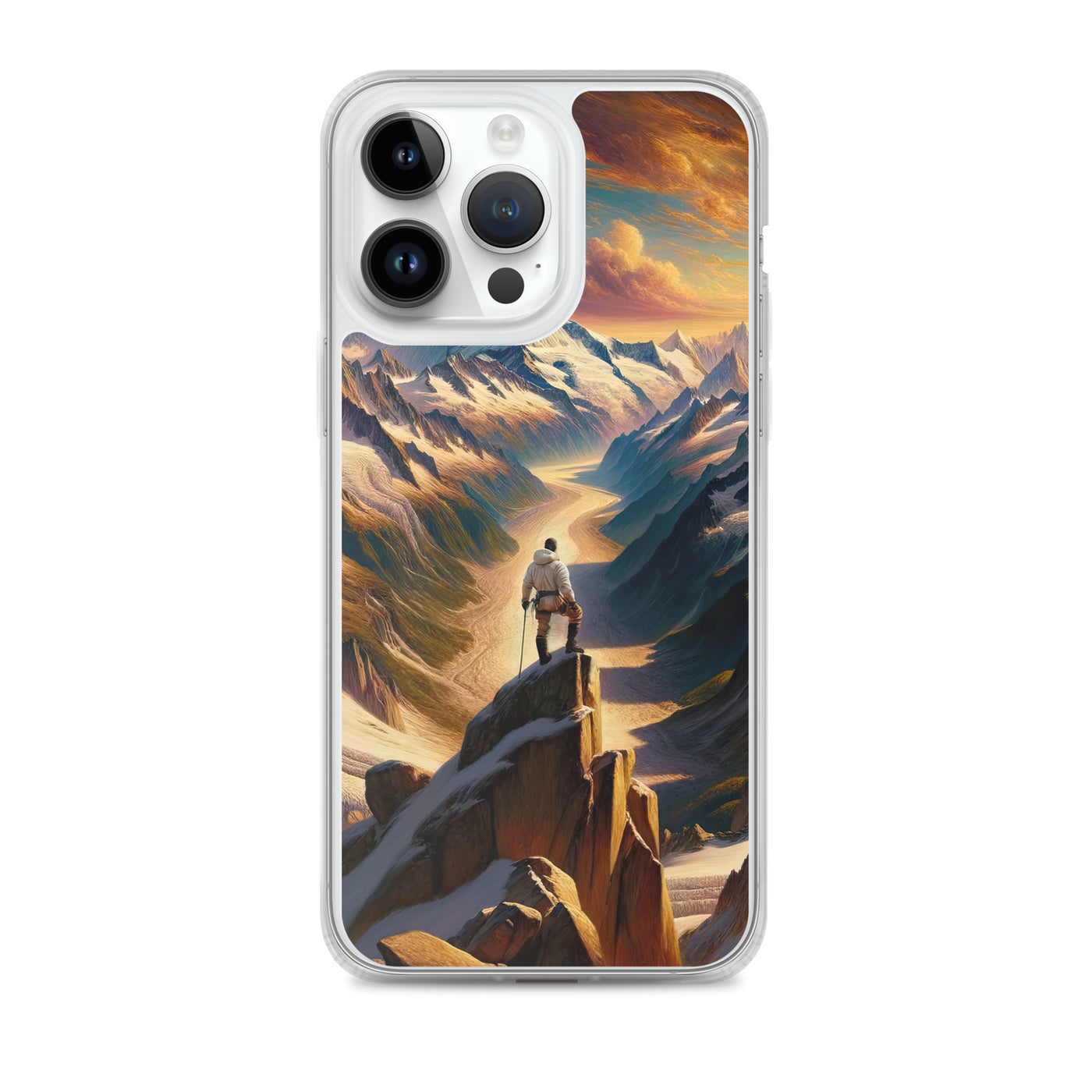 Ölgemälde eines Wanderers auf einem Hügel mit Panoramablick auf schneebedeckte Alpen und goldenen Himmel - iPhone Schutzhülle (durchsichtig) wandern xxx yyy zzz iPhone 14 Pro Max