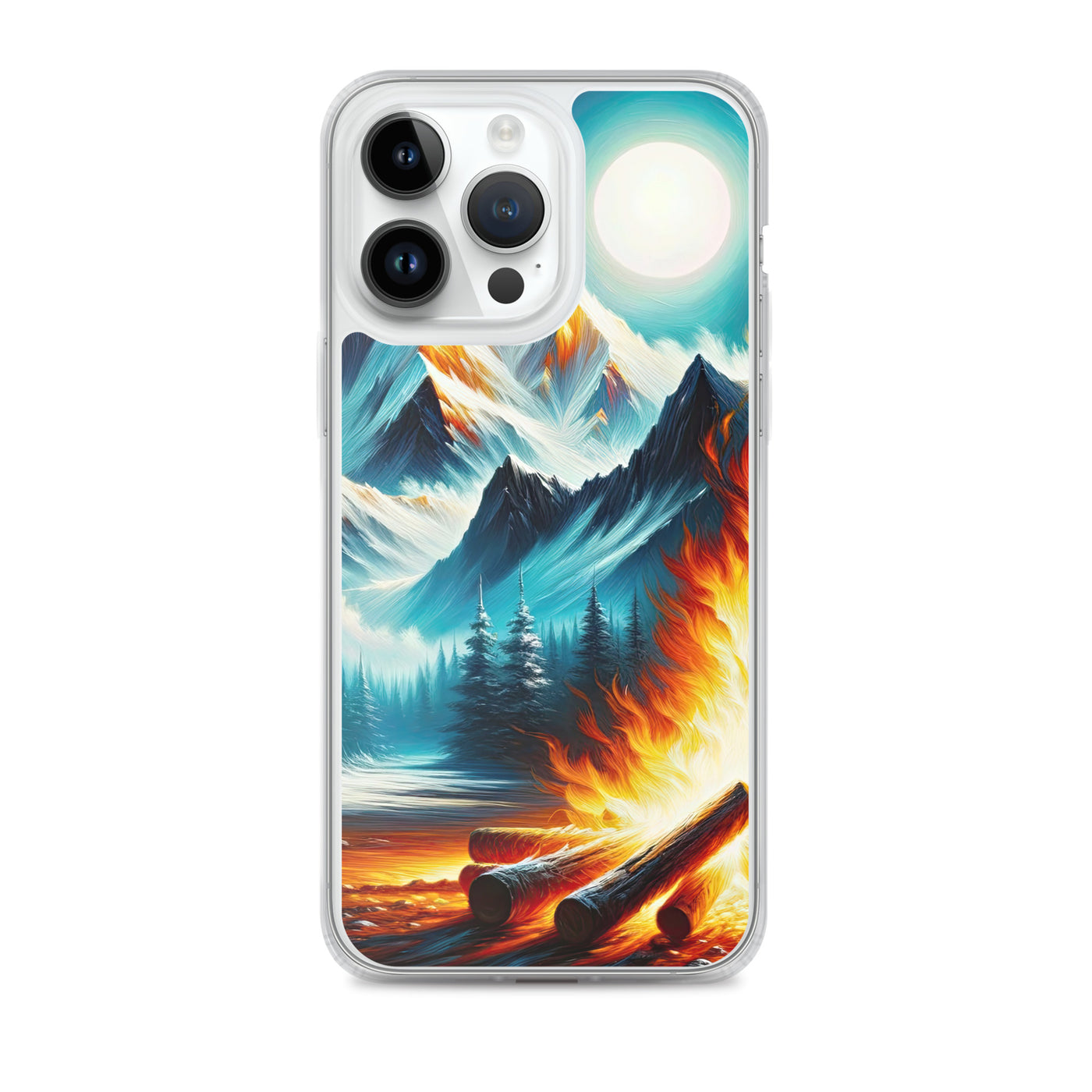Ölgemälde von Feuer und Eis: Lagerfeuer und Alpen im Kontrast, warme Flammen - iPhone Schutzhülle (durchsichtig) camping xxx yyy zzz iPhone 14 Pro Max