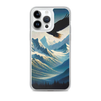 Ölgemälde eines Adlers vor schneebedeckten Bergsilhouetten - iPhone Schutzhülle (durchsichtig) berge xxx yyy zzz iPhone 14 Pro Max