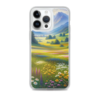 Ölgemälde einer Almwiese, Meer aus Wildblumen in Gelb- und Lilatönen - iPhone Schutzhülle (durchsichtig) berge xxx yyy zzz iPhone 14 Pro Max