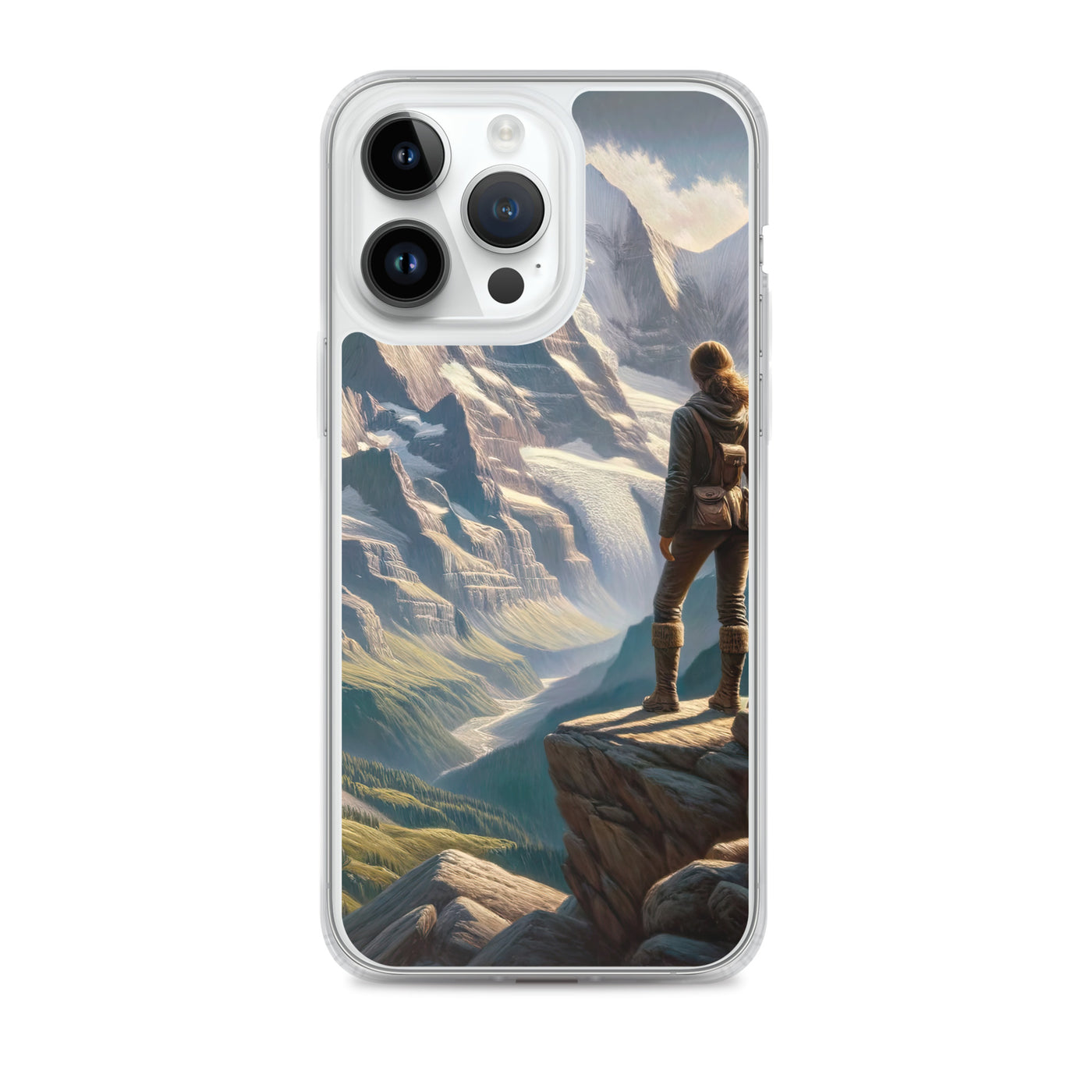 Ölgemälde der Alpengipfel mit Schweizer Abenteurerin auf Felsvorsprung - iPhone Schutzhülle (durchsichtig) wandern xxx yyy zzz iPhone 14 Pro Max