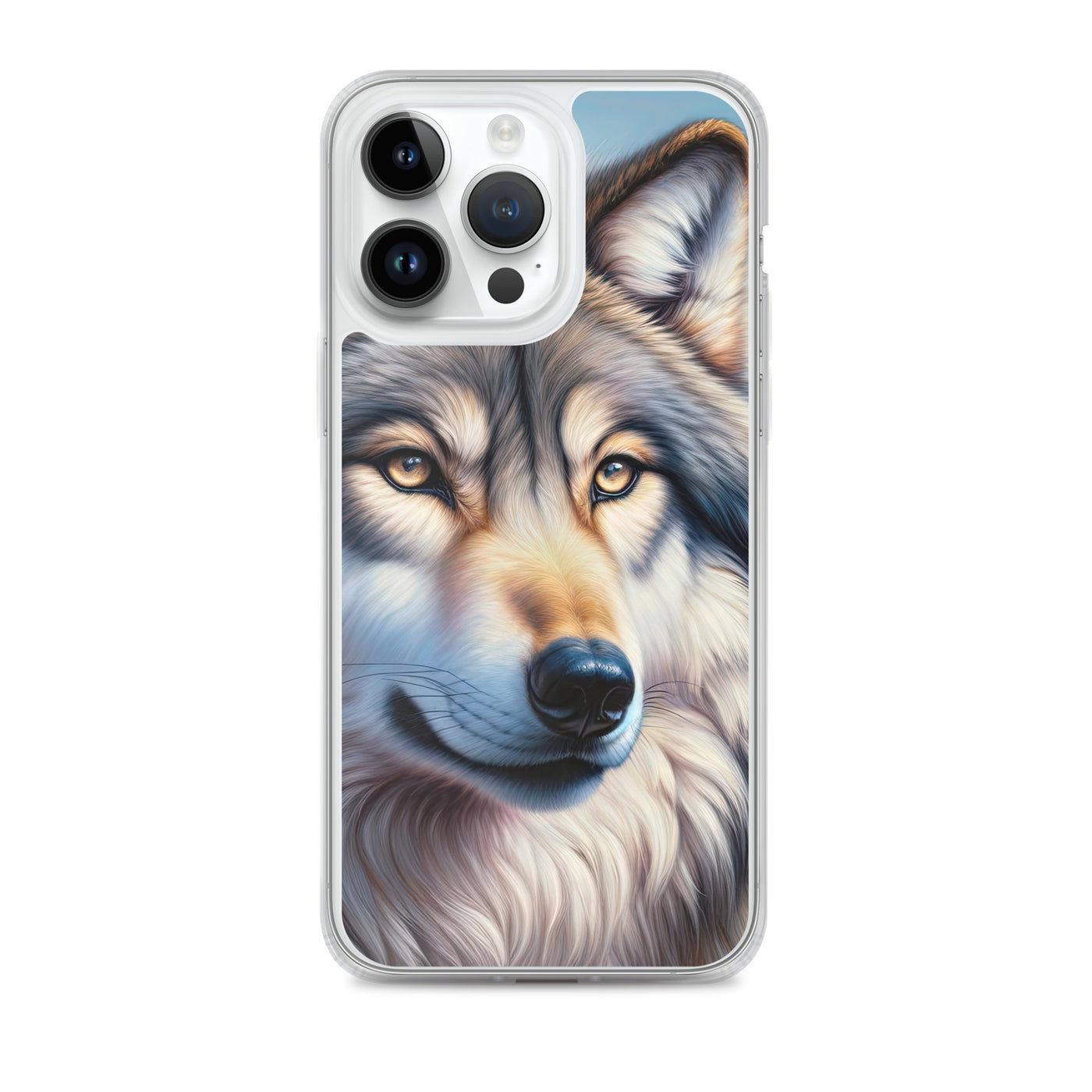 Ölgemäldeporträt eines majestätischen Wolfes mit intensiven Augen in der Berglandschaft (AN) - iPhone Schutzhülle (durchsichtig) xxx yyy zzz iPhone 14 Pro Max