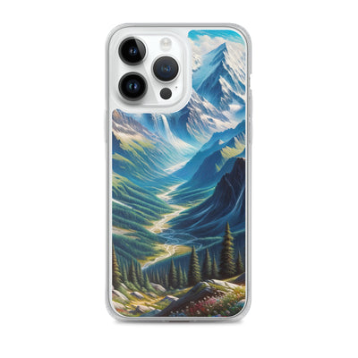 Panorama-Ölgemälde der Alpen mit schneebedeckten Gipfeln und schlängelnden Flusstälern - iPhone Schutzhülle (durchsichtig) berge xxx yyy zzz iPhone 14 Pro Max