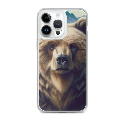 Foto eines Bären vor abstrakt gemalten Alpenbergen, Oberkörper im Fokus - iPhone Schutzhülle (durchsichtig) camping xxx yyy zzz iPhone 14 Pro Max