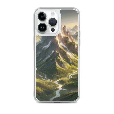 Fotorealistisches Bild der Alpen mit österreichischer Flagge, scharfen Gipfeln und grünen Tälern - iPhone Schutzhülle (durchsichtig) berge xxx yyy zzz iPhone 14 Pro Max