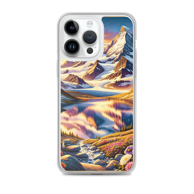 Quadratische Illustration der Alpen mit schneebedeckten Gipfeln und Wildblumen - iPhone Schutzhülle (durchsichtig) berge xxx yyy zzz iPhone 14 Pro Max