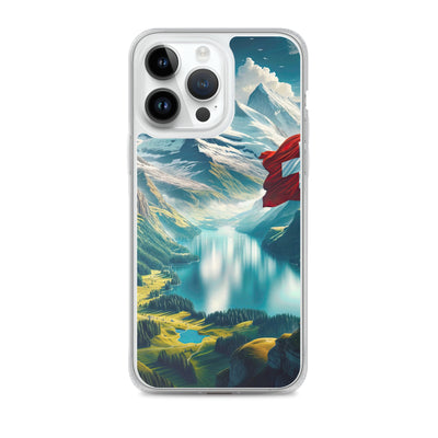 Ultraepische, fotorealistische Darstellung der Schweizer Alpenlandschaft mit Schweizer Flagge - iPhone Schutzhülle (durchsichtig) berge xxx yyy zzz iPhone 14 Pro Max