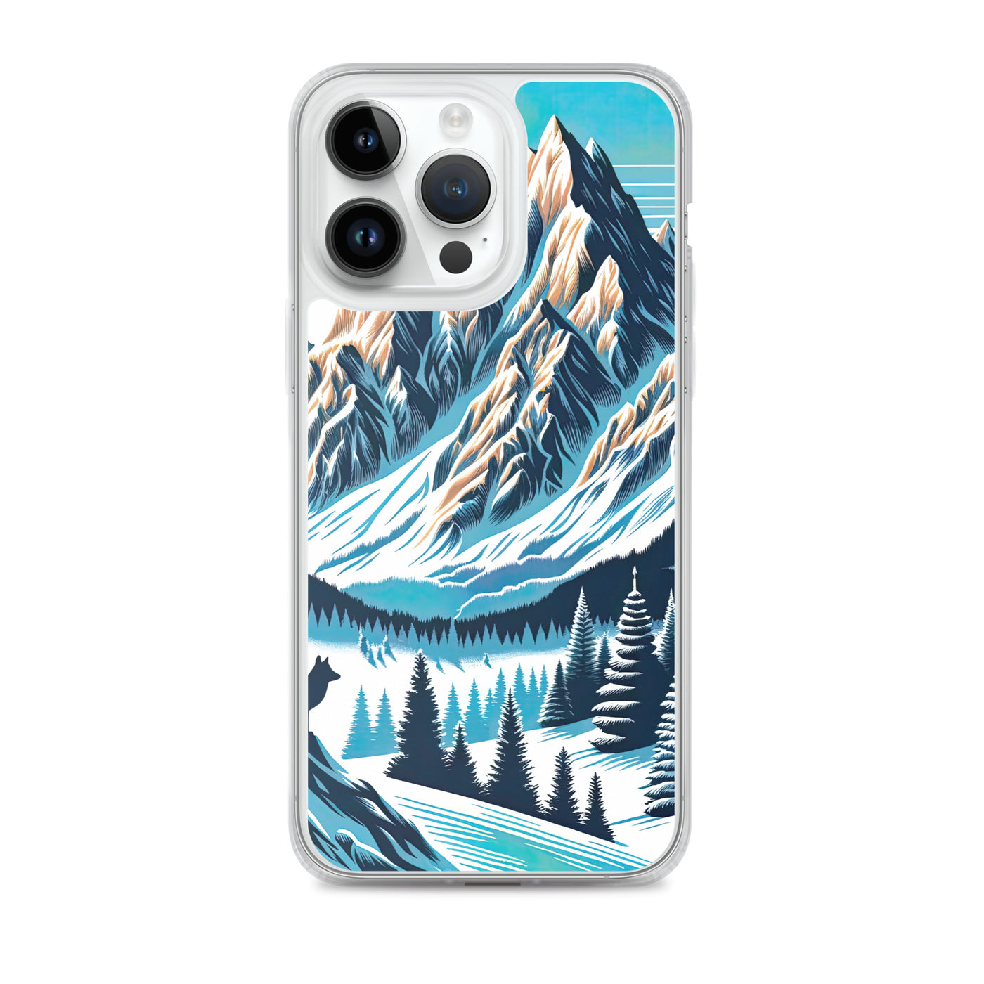 Vektorgrafik eines Wolfes im winterlichen Alpenmorgen, Berge mit Schnee- und Felsmustern - iPhone Schutzhülle (durchsichtig) berge xxx yyy zzz iPhone 14 Pro Max