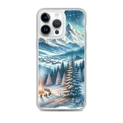 Aquarell eines Winterabends in den Alpen mit Lagerfeuer und Wanderern, glitzernder Neuschnee - iPhone Schutzhülle (durchsichtig) camping xxx yyy zzz iPhone 14 Pro Max