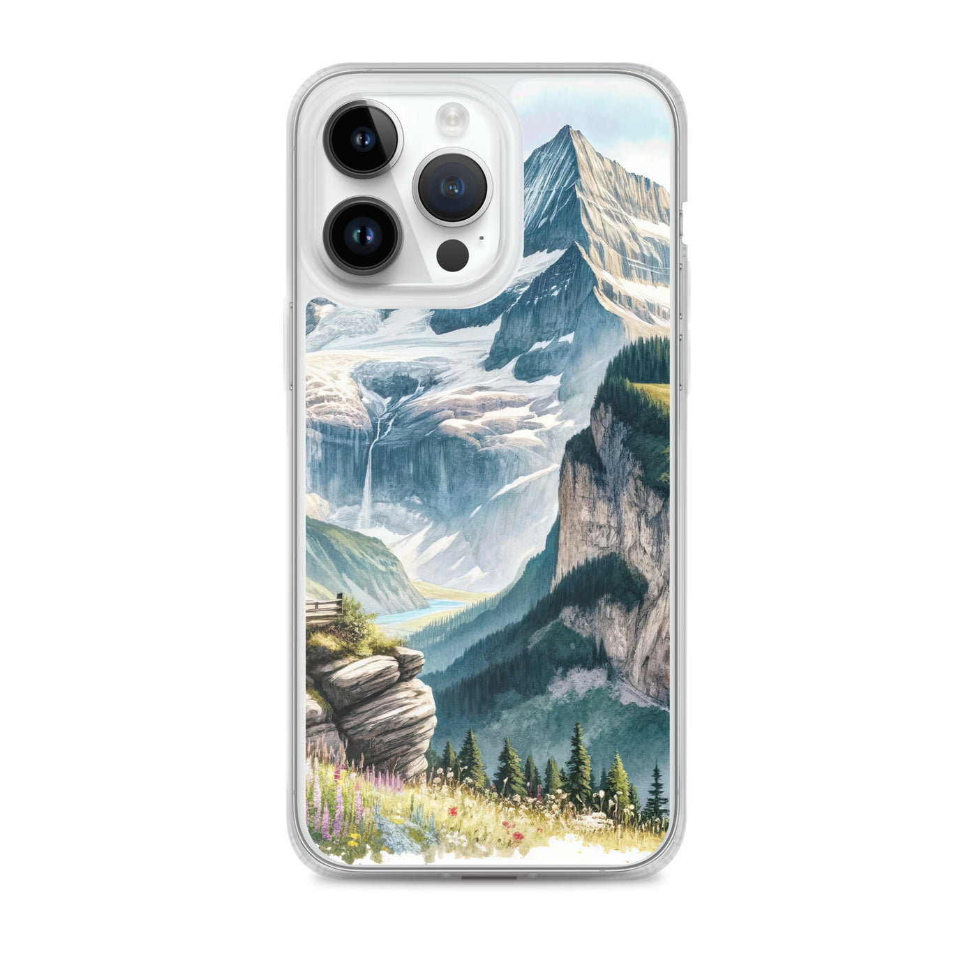 Aquarell-Panoramablick der Alpen mit schneebedeckten Gipfeln, Wasserfällen und Wanderern - iPhone Schutzhülle (durchsichtig) wandern xxx yyy zzz iPhone 14 Pro Max