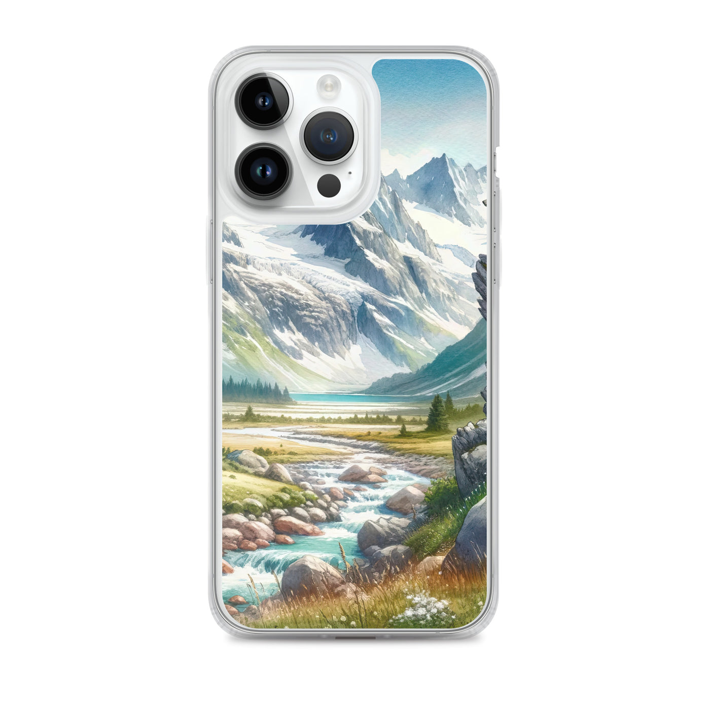 Aquarellmalerei eines Bären und der sommerlichen Alpenschönheit mit schneebedeckten Ketten - iPhone Schutzhülle (durchsichtig) camping xxx yyy zzz iPhone 14 Pro Max