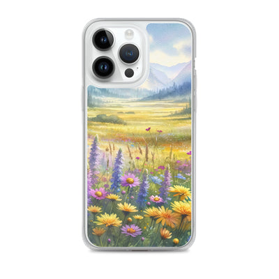 Aquarell einer Almwiese in Ruhe, Wildblumenteppich in Gelb, Lila, Rosa - iPhone Schutzhülle (durchsichtig) berge xxx yyy zzz iPhone 14 Pro Max