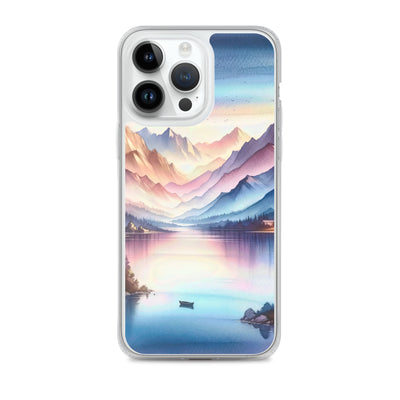 Aquarell einer Dämmerung in den Alpen, Boot auf einem See in Pastell-Licht - iPhone Schutzhülle (durchsichtig) berge xxx yyy zzz iPhone 14 Pro Max