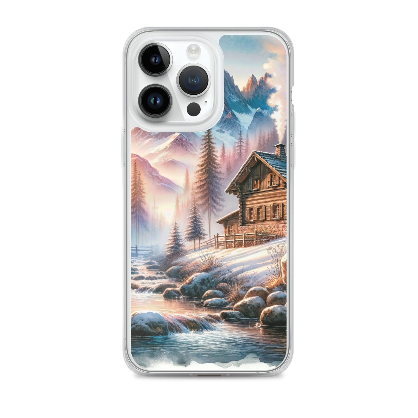 Aquarell einer Alpenszene im Morgengrauen, Haus in den Bergen - iPhone Schutzhülle (durchsichtig) berge xxx yyy zzz iPhone 14 Pro Max
