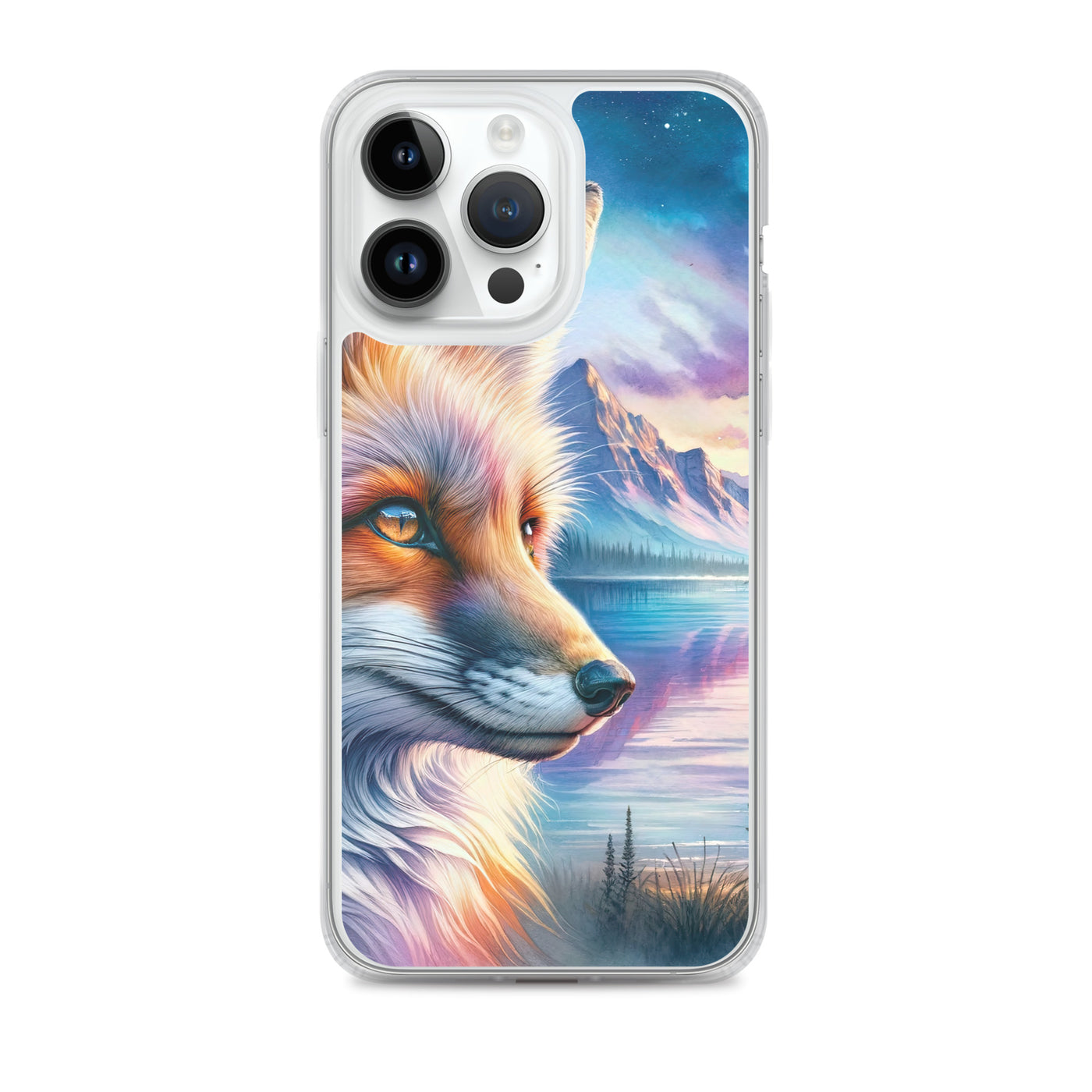 Aquarellporträt eines Fuchses im Dämmerlicht am Bergsee - iPhone Schutzhülle (durchsichtig) camping xxx yyy zzz iPhone 14 Pro Max