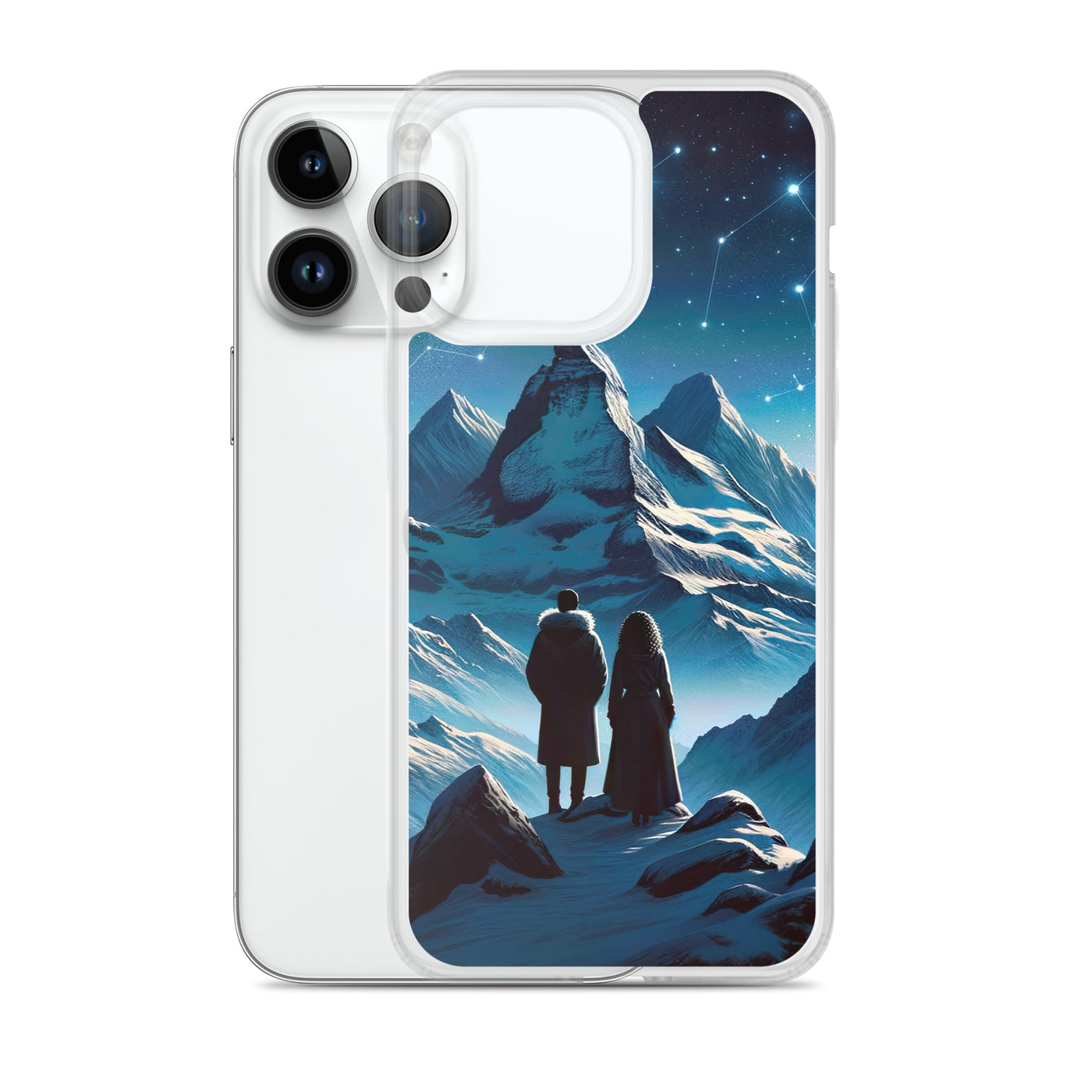 Alpenwinternacht: Digitale Kunst mit Wanderern in Bergen und Sternenhimmel - iPhone Schutzhülle (durchsichtig) wandern xxx yyy zzz