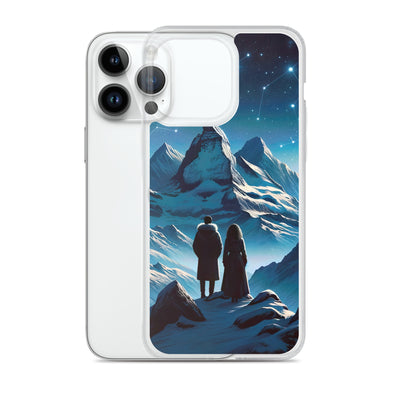 Alpenwinternacht: Digitale Kunst mit Wanderern in Bergen und Sternenhimmel - iPhone Schutzhülle (durchsichtig) wandern xxx yyy zzz