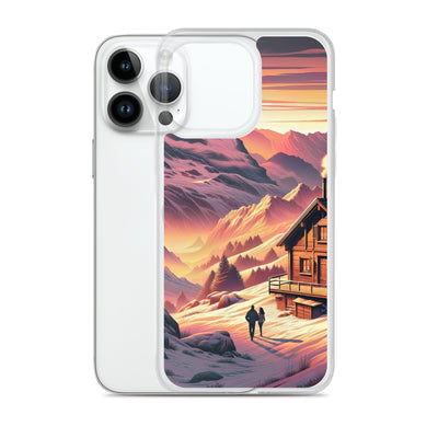 Berghütte im goldenen Sonnenuntergang: Digitale Alpenillustration - iPhone Schutzhülle (durchsichtig) berge xxx yyy zzz