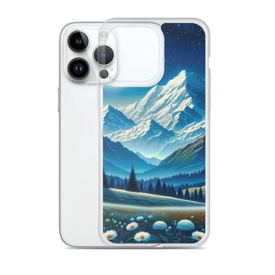 Klare frühlingshafte Alpennacht mit Blumen und Vollmond über Schneegipfeln - iPhone Schutzhülle (durchsichtig) berge xxx yyy zzz