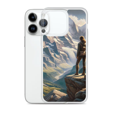 Ölgemälde der Alpengipfel mit Schweizer Abenteurerin auf Felsvorsprung - iPhone Schutzhülle (durchsichtig) wandern xxx yyy zzz