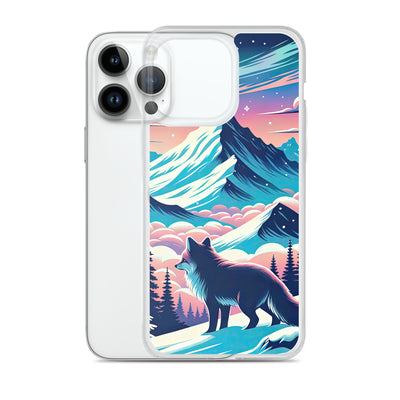 Vektorgrafik eines alpinen Winterwunderlandes mit schneebedeckten Kiefern und einem Fuchs - iPhone Schutzhülle (durchsichtig) camping xxx yyy zzz