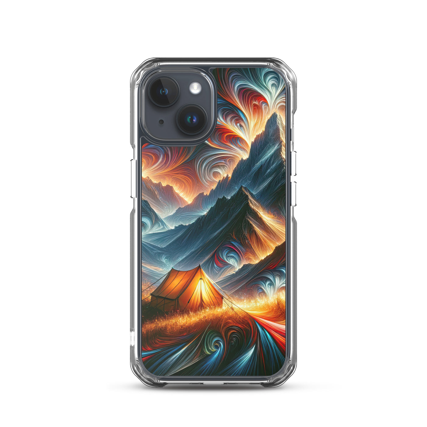 Abstrakte Kunst der Alpen, wo die Berge mit dynamischen Farben und Mustern pulsieren und eine Szene Energie schaffen - Schutzhülle camping xxx yyy zzz iPhone 15