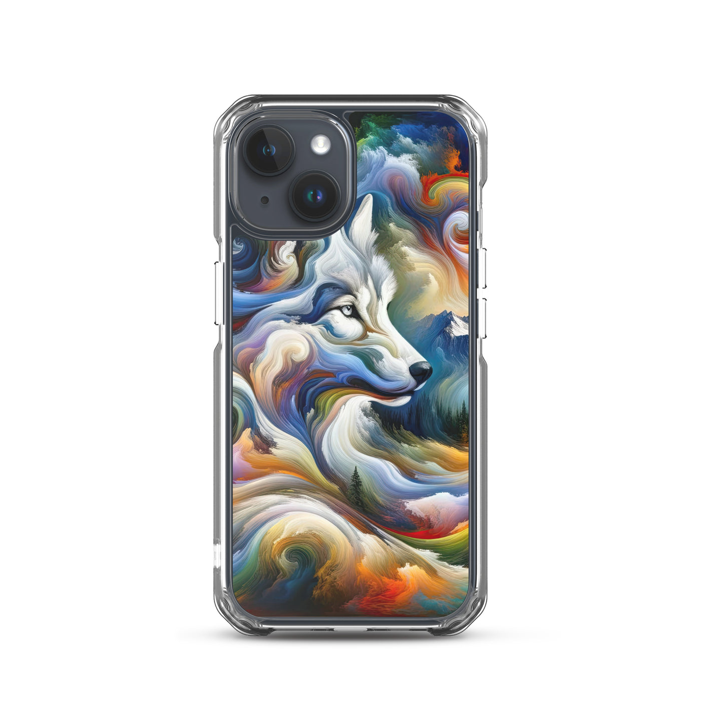 Abstraktes Alpen Gemälde: Wirbelnde Farben und Majestätischer Wolf, Silhouette (AN) - iPhone Schutzhülle (durchsichtig) xxx yyy zzz iPhone 15