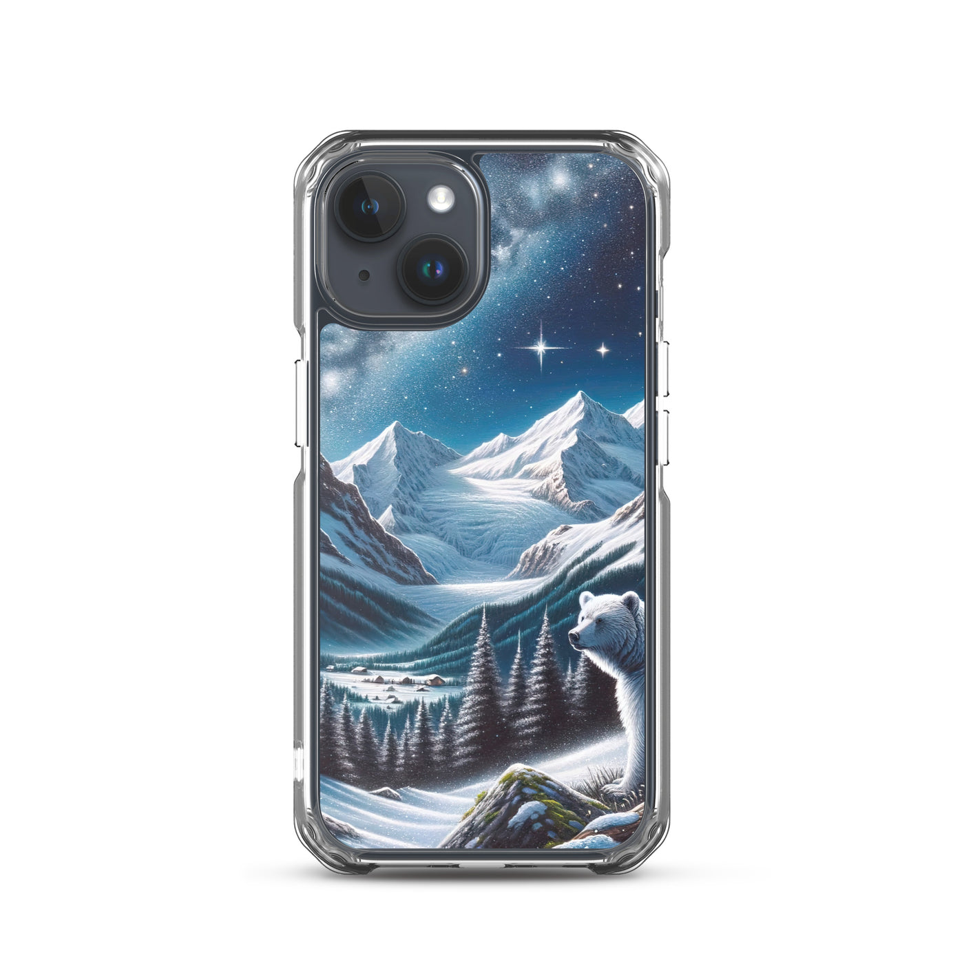 Sternennacht und Eisbär: Acrylgemälde mit Milchstraße, Alpen und schneebedeckte Gipfel - iPhone Schutzhülle (durchsichtig) camping xxx yyy zzz iPhone 15