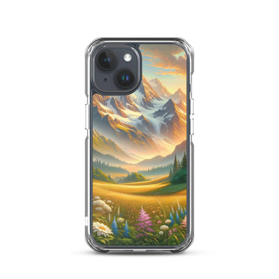 Heitere Alpenschönheit: Schneeberge und Wildblumenwiesen - iPhone Schutzhülle (durchsichtig) berge xxx yyy zzz iPhone 15