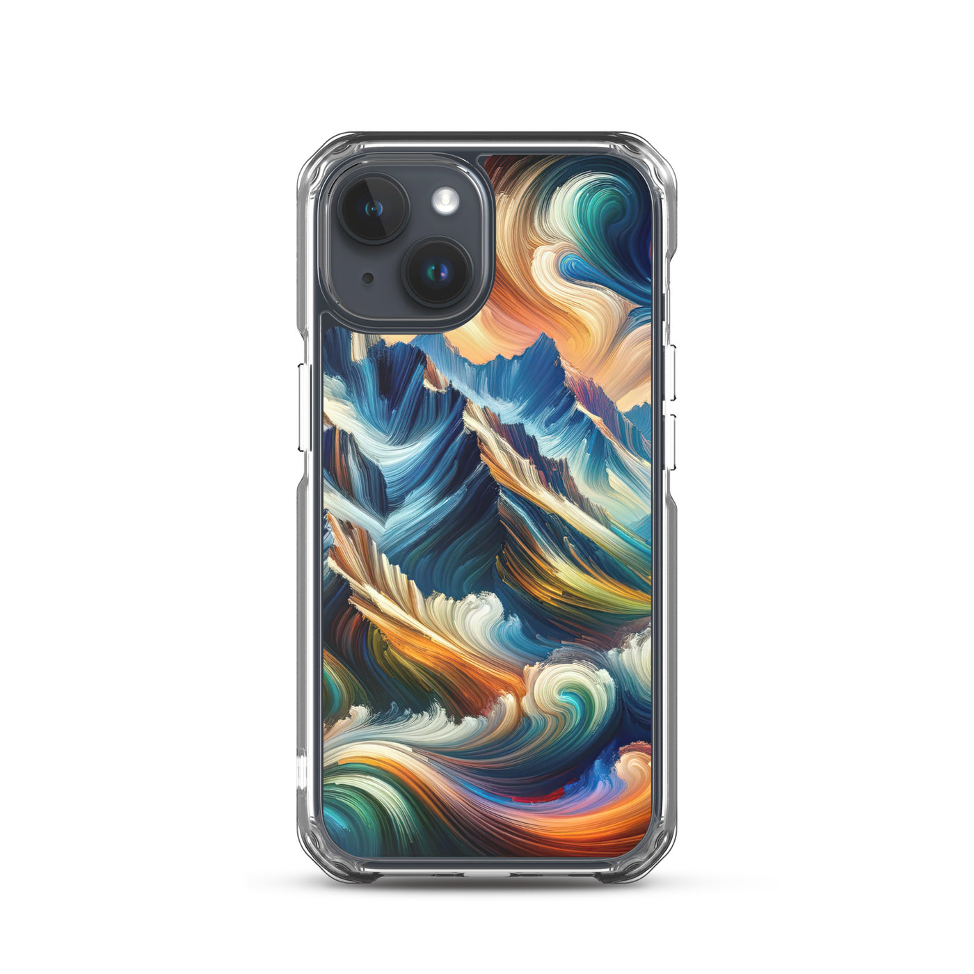Abstrakte Kunst der Alpen mit lebendigen Farben und wirbelnden Mustern, majestätischen Gipfel und Täler - iPhone Schutzhülle (durchsichtig) berge xxx yyy zzz iPhone 15