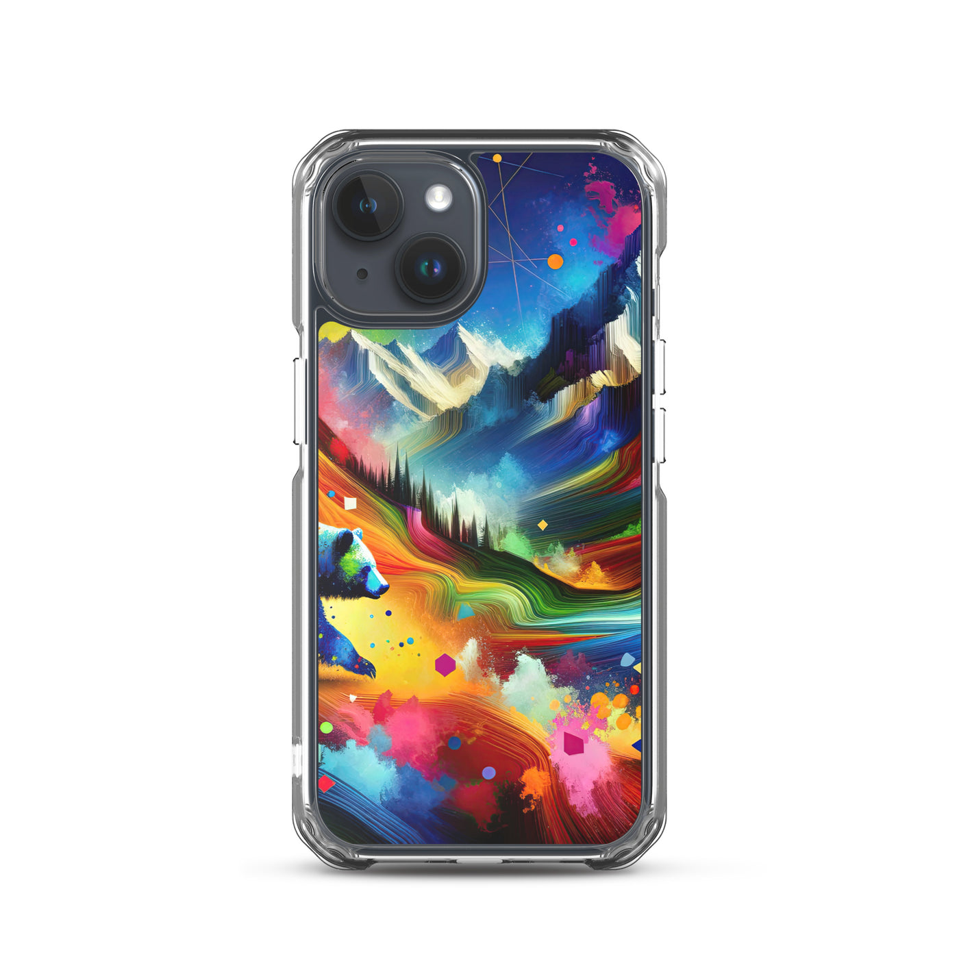 Neonfarbener Alpen Bär in abstrakten geometrischen Formen - iPhone Schutzhülle (durchsichtig) camping xxx yyy zzz iPhone 15