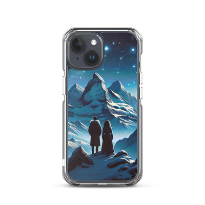 Alpenwinternacht: Digitale Kunst mit Wanderern in Bergen und Sternenhimmel - iPhone Schutzhülle (durchsichtig) wandern xxx yyy zzz iPhone 15
