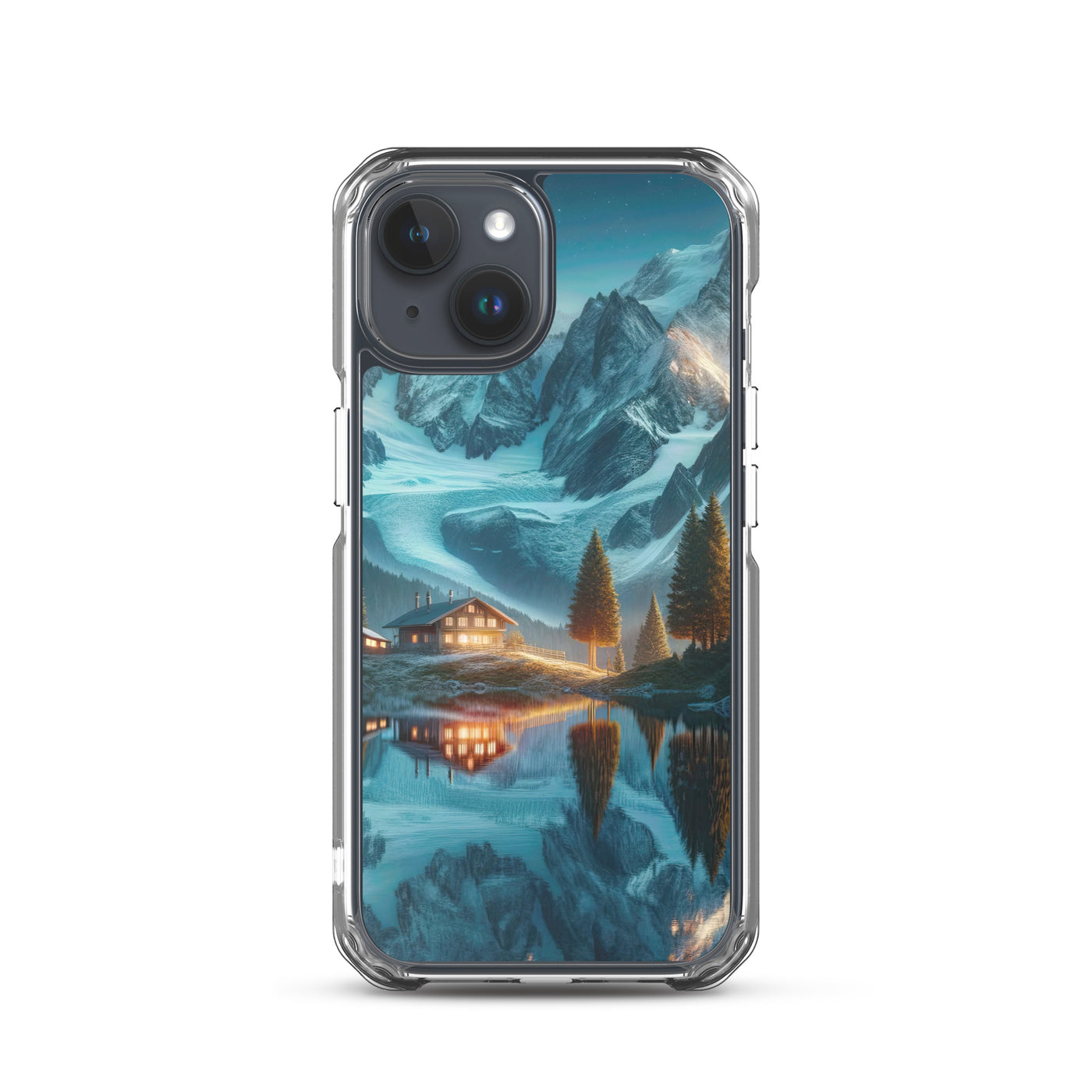 Stille Alpenmajestätik: Digitale Kunst mit Schnee und Bergsee-Spiegelung - iPhone Schutzhülle (durchsichtig) berge xxx yyy zzz iPhone 15