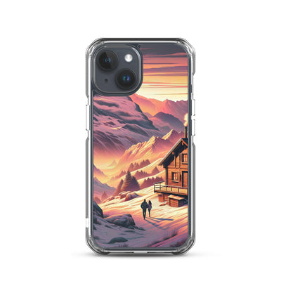 Berghütte im goldenen Sonnenuntergang: Digitale Alpenillustration - iPhone Schutzhülle (durchsichtig) berge xxx yyy zzz iPhone 15