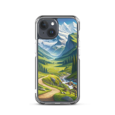 Wanderer in den Bergen und Wald: Digitale Malerei mit grünen kurvenreichen Pfaden - iPhone Schutzhülle (durchsichtig) wandern xxx yyy zzz iPhone 15