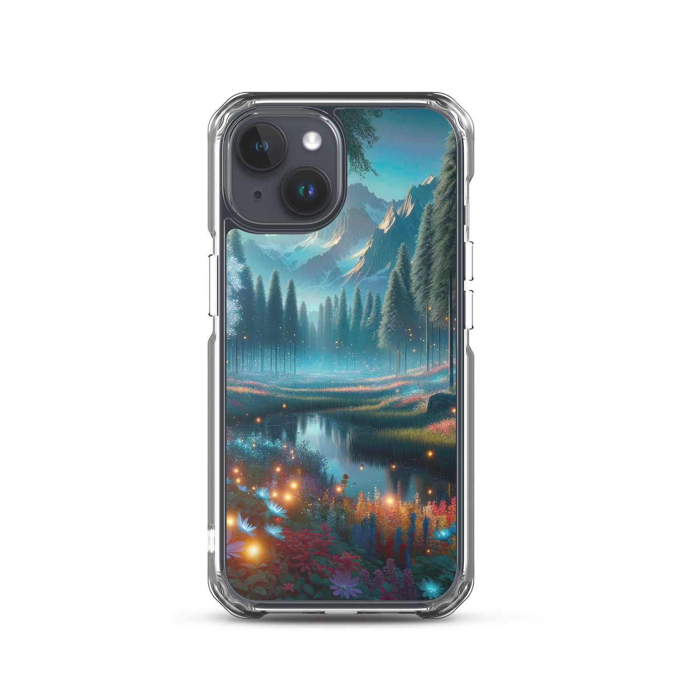 Ätherischer Alpenwald: Digitale Darstellung mit leuchtenden Bäumen und Blumen - iPhone Schutzhülle (durchsichtig) camping xxx yyy zzz iPhone 15