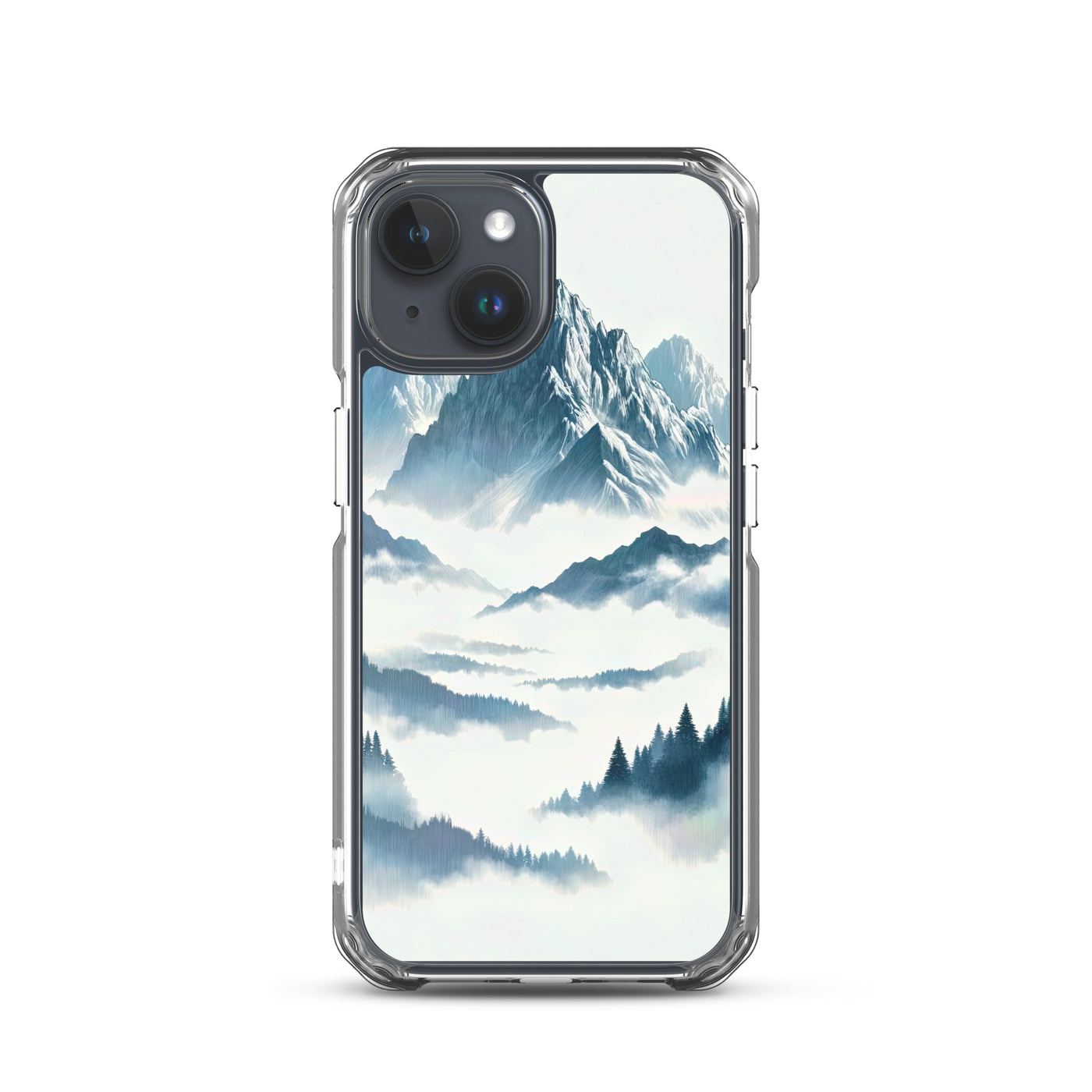 Nebeliger Alpenmorgen-Essenz, verdeckte Täler und Wälder - iPhone Schutzhülle (durchsichtig) berge xxx yyy zzz iPhone 15