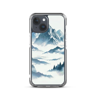Nebeliger Alpenmorgen-Essenz, verdeckte Täler und Wälder - iPhone Schutzhülle (durchsichtig) berge xxx yyy zzz iPhone 15