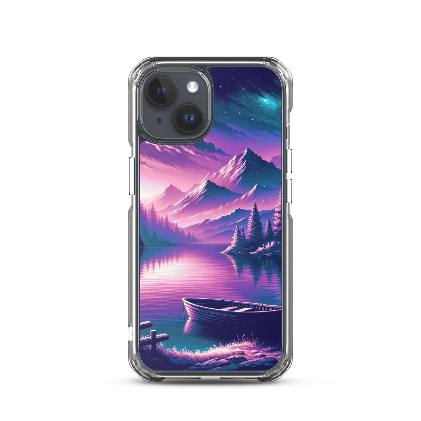 Magische Alpen-Dämmerung, rosa-lila Himmel und Bergsee mit Boot - iPhone Schutzhülle (durchsichtig) berge xxx yyy zzz iPhone 15