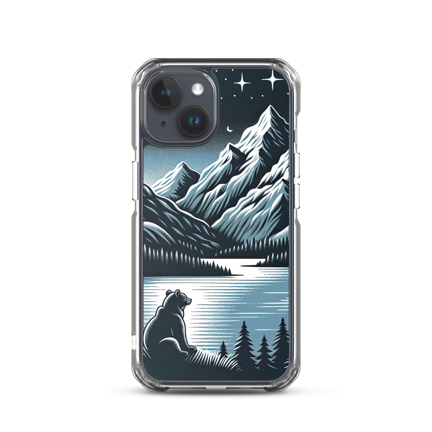 Bär in Alpen-Mondnacht, silberne Berge, schimmernde Seen - iPhone Schutzhülle (durchsichtig) camping xxx yyy zzz iPhone 15