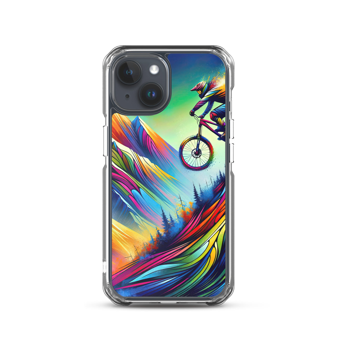 Mountainbiker in farbenfroher Alpenkulisse mit abstraktem Touch (M) - iPhone Schutzhülle (durchsichtig) xxx yyy zzz iPhone 15