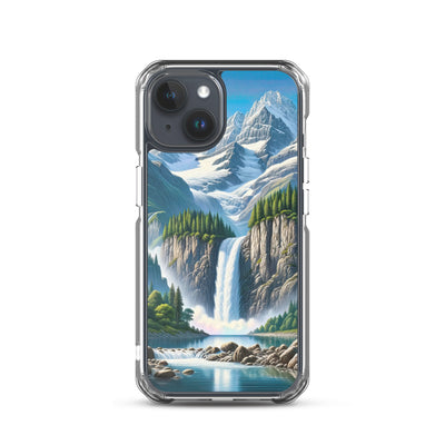Illustration einer unberührten Alpenkulisse im Hochsommer. Wasserfall und See - iPhone Schutzhülle (durchsichtig) berge xxx yyy zzz iPhone 15