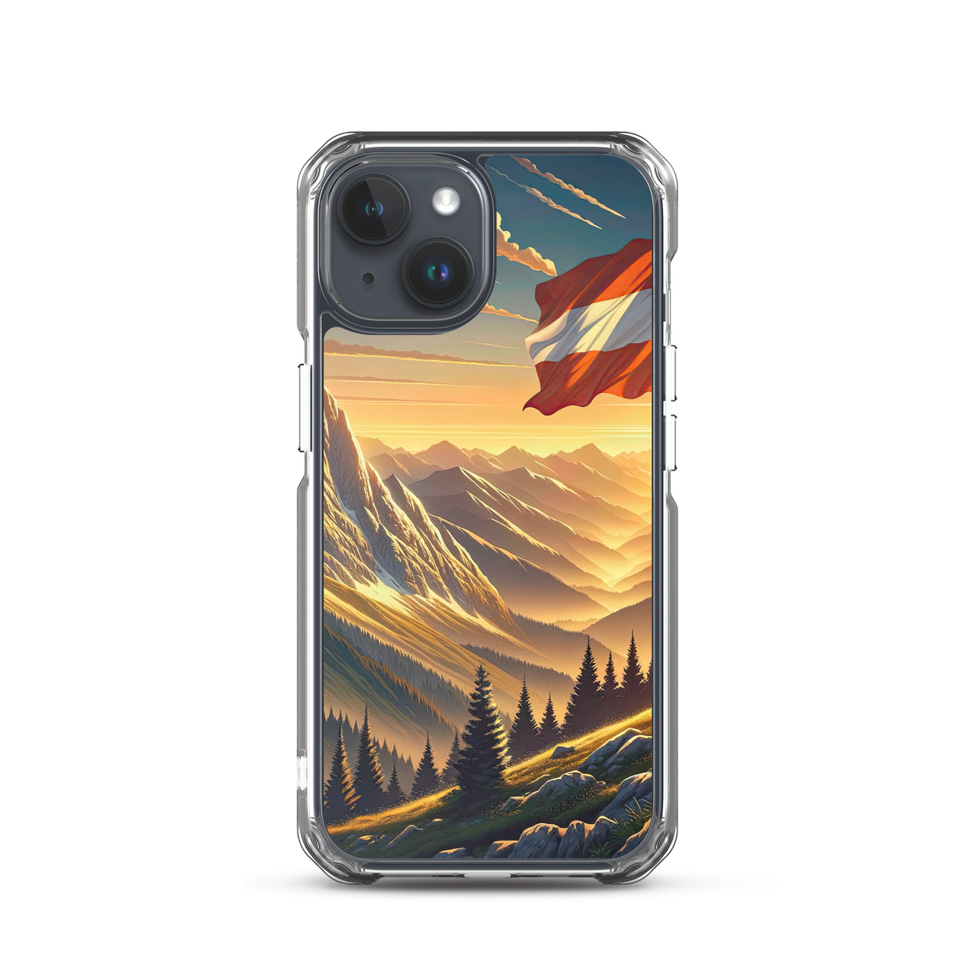 Ruhiger Alpenabend mit österreichischer Flagge und goldenem Sonnenuntergang - iPhone Schutzhülle (durchsichtig) berge xxx yyy zzz iPhone 15