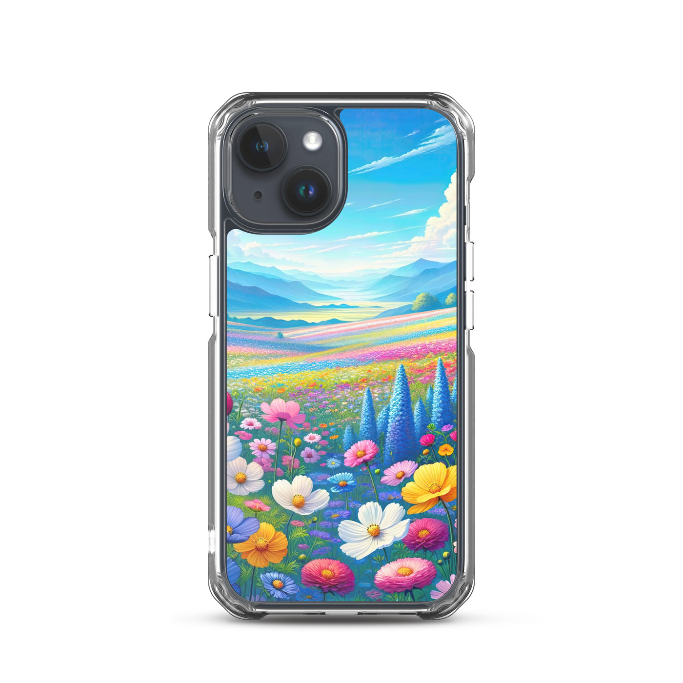 Weitläufiges Blumenfeld unter himmelblauem Himmel, leuchtende Flora - iPhone Schutzhülle (durchsichtig) camping xxx yyy zzz iPhone 15